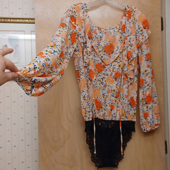 Free People intimately floral Orange body suit Say it to me boho S P - Picture 5 of 11
